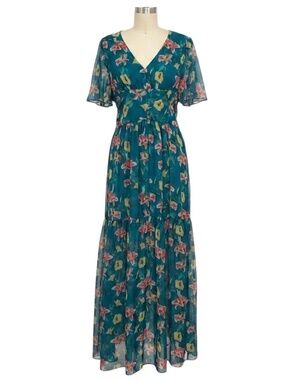 EYWASOULS MALIBU GREEN FLOWER DREAM MARIA CHIFFON MAXI DRESS